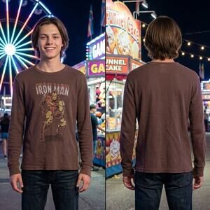 Marvel Iron Man Brown Long Sleeve Thermal Waffle Knit Shirt Boy's Size Large 36"